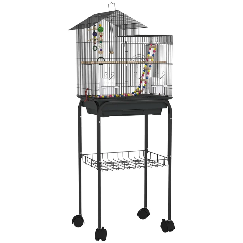 Pawhut Jaula Para Pájaros Con Ruedas Puertas 2 Comederos Columpio 46x36x120cm