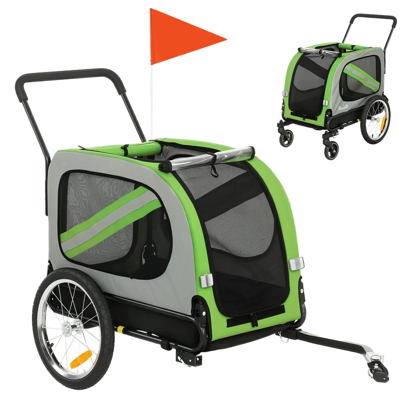 Pawhut Remolque De Bicicleta Para Perros 2 En 1 Con Arnés De Seguridad Verde