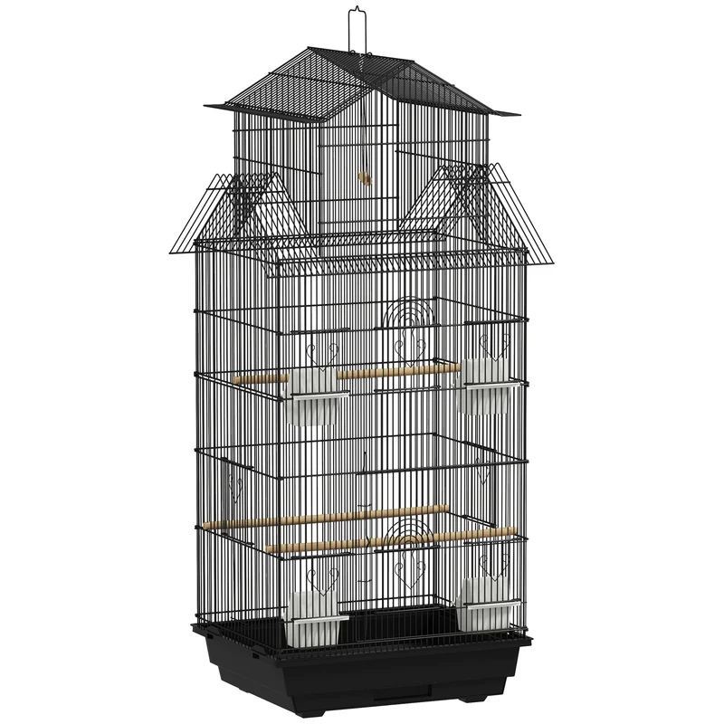 Pawhut Jaula Para Pájaros De Acero Con Comederos Perchas 50,5x41x104 Cm Negro