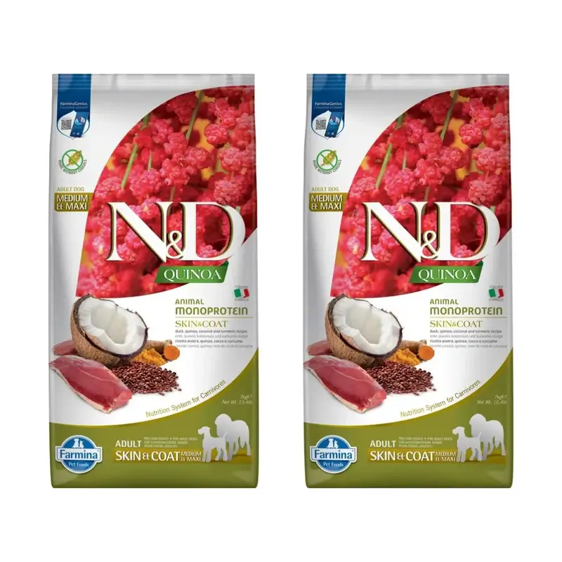 Farmina N&D Dog Quinoa Skin Coat Pato Med/Maxi 7Kg, Pack De 2