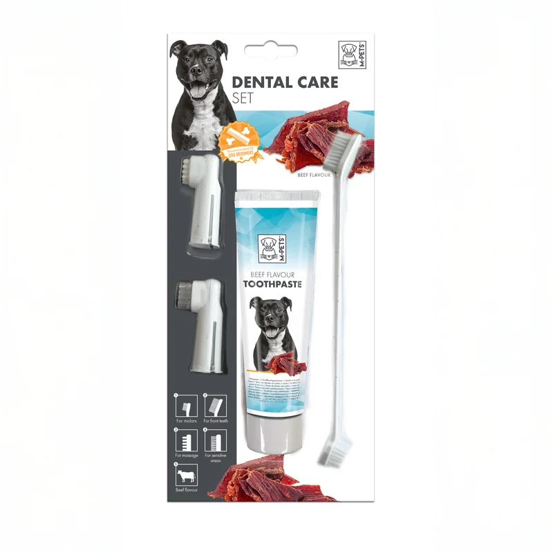 Kit Dental Completo para Perro Sabor Carne (Res) - Pasta y 4 cabezas de Cepillos | M-PETS
