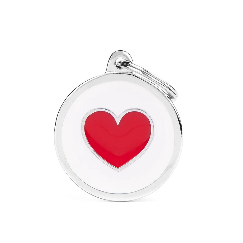 Placa ID en Forma de Círculo Blanco con Corazón Rojo para Perros | MyFamily