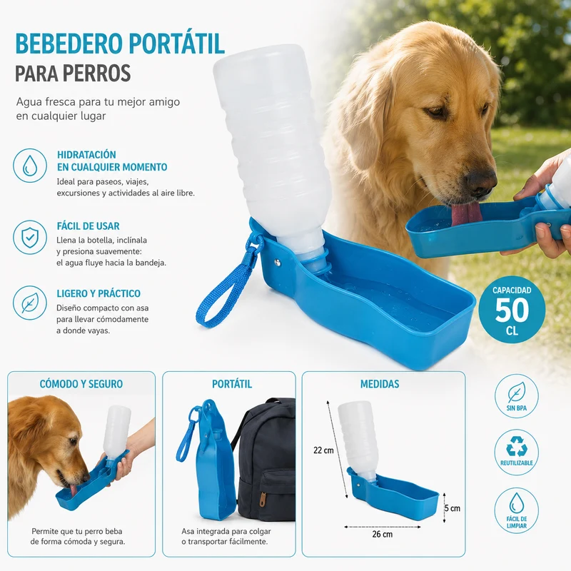 Bebedero Portátil para Perros 500 ml- Azul