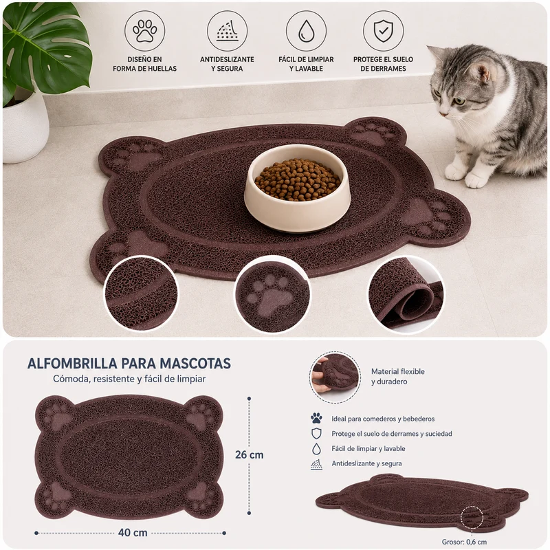 Alfombrilla para Comedero y Bebedero de Mascotas 40 × 26 cm- Marrón