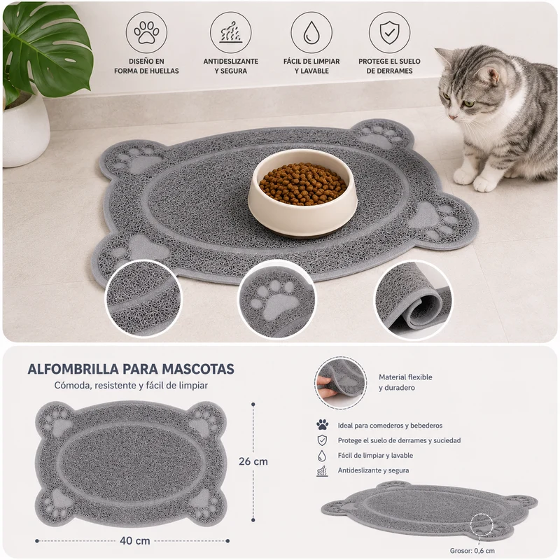 Alfombrilla para Comedero y Bebedero de Mascotas 40 × 26 cm- Gris