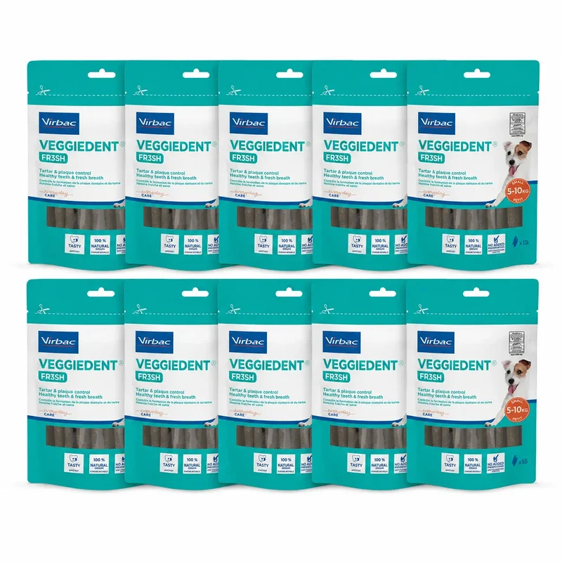 Virbac Veggiedent Fr3sh S, Snacks dentários para cães de raça pequena, embalagem com 10 unidades