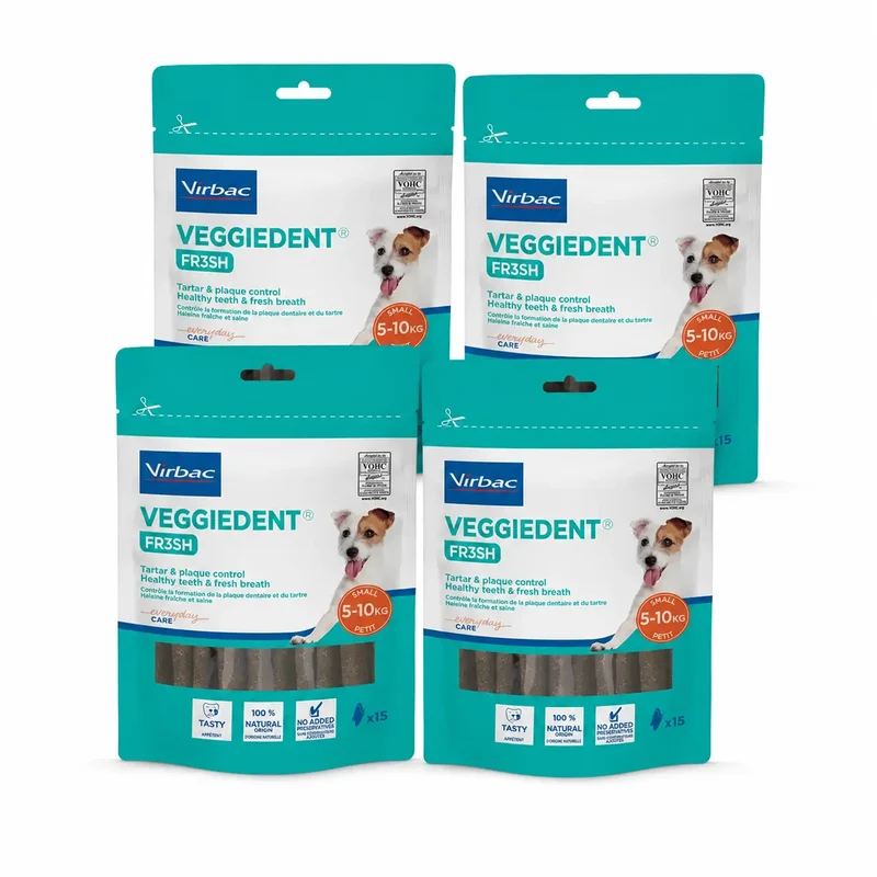 Virbac Veggiedent Fr3sh S, Snacks dentários para cães de raça pequena, embalagem com 4 unidades