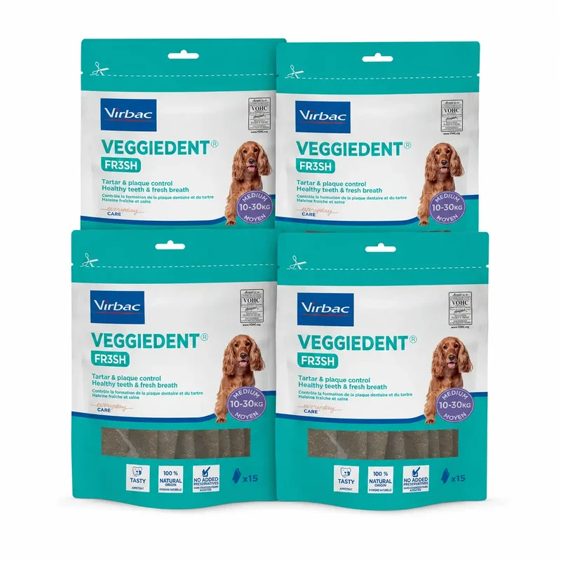 Virbac Veggiedent Fr3sh M, Snacks dentários para cães de raça média, embalagem com 4 unidades