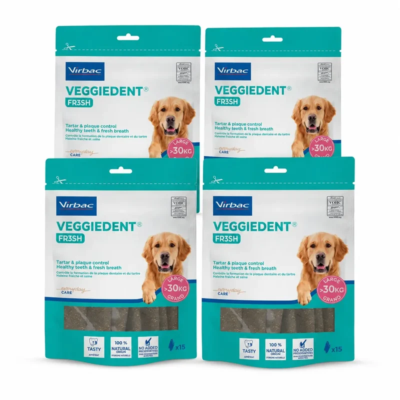 Virbac Veggiedent Fr3sh L, Snacks dentários para cães de raças grandes, embalagem com 4 unidades