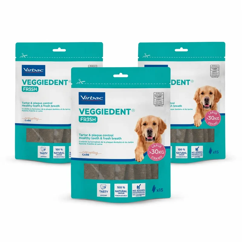 Virbac Veggiedent Fr3sh L, Snacks dentários para cães de raças grandes, embalagem com 3 unidades