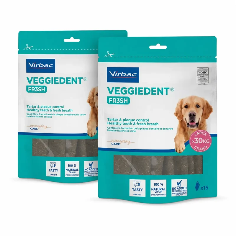 Virbac Veggiedent Fr3sh L, Snacks dentários para cães de raças grandes, embalagem com 2 unidades
