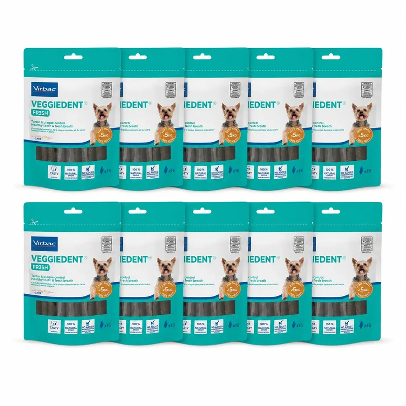 Virbac Veggiedent Fr3sh XS, Snacks dentários para cães de raças muito pequenas, embalagem com 10 unidades