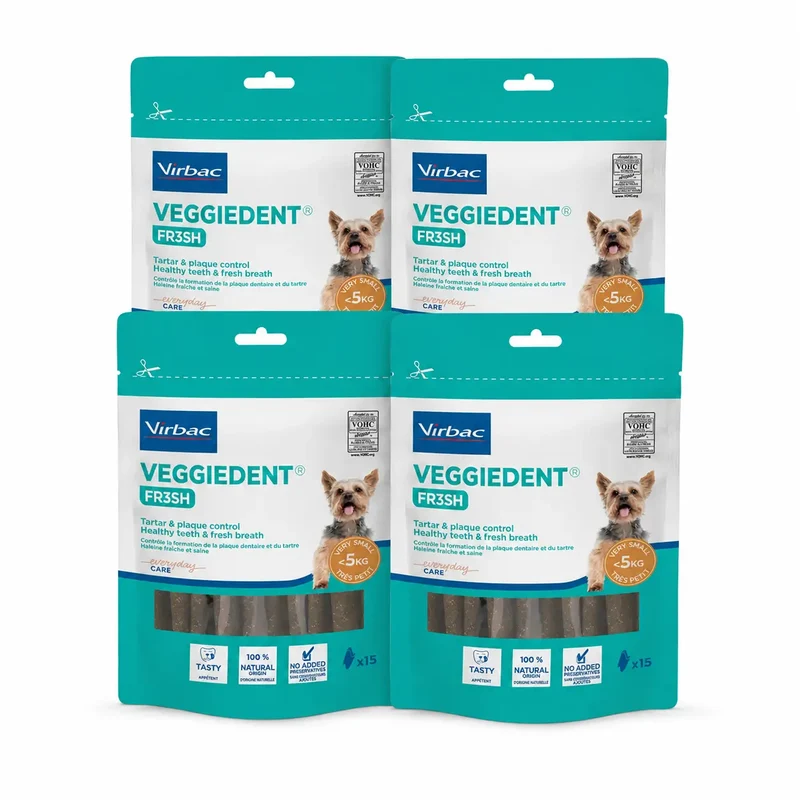Virbac Veggiedent Fr3sh XS, Snacks dentários para cães de raças muito pequenas, embalagem com 4 unidades