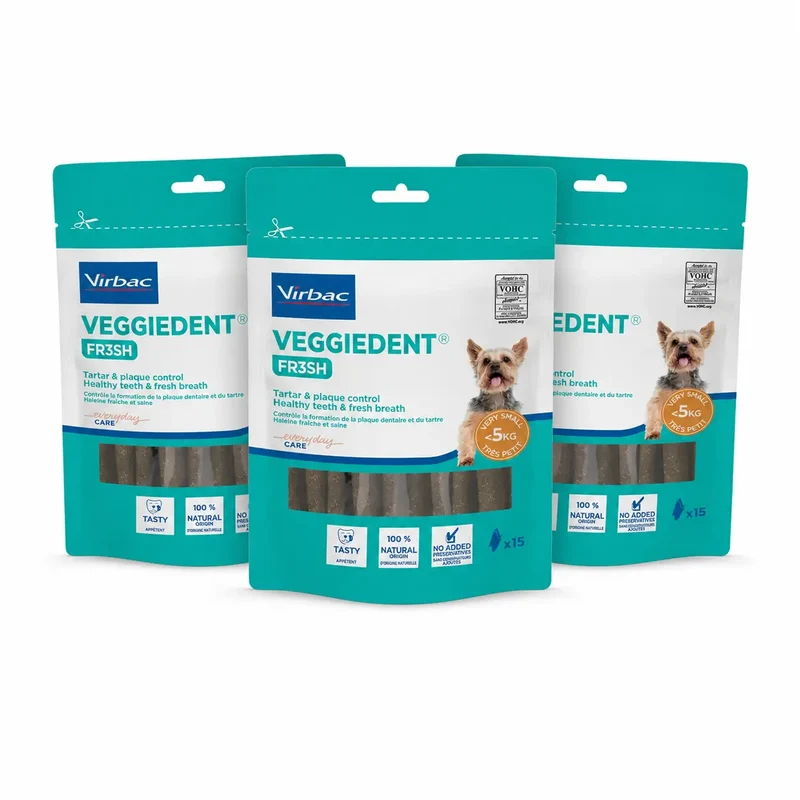 Virbac Veggiedent Fr3sh XS, Snacks dentários para cães de raças muito pequenas, embalagem com 3 unidades