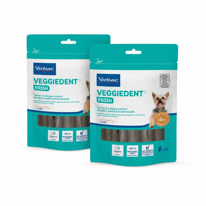 Virbac Veggiedent Fr3sh XS, Snacks dentários para cães de raças muito pequenas, embalagem com 2 unidades