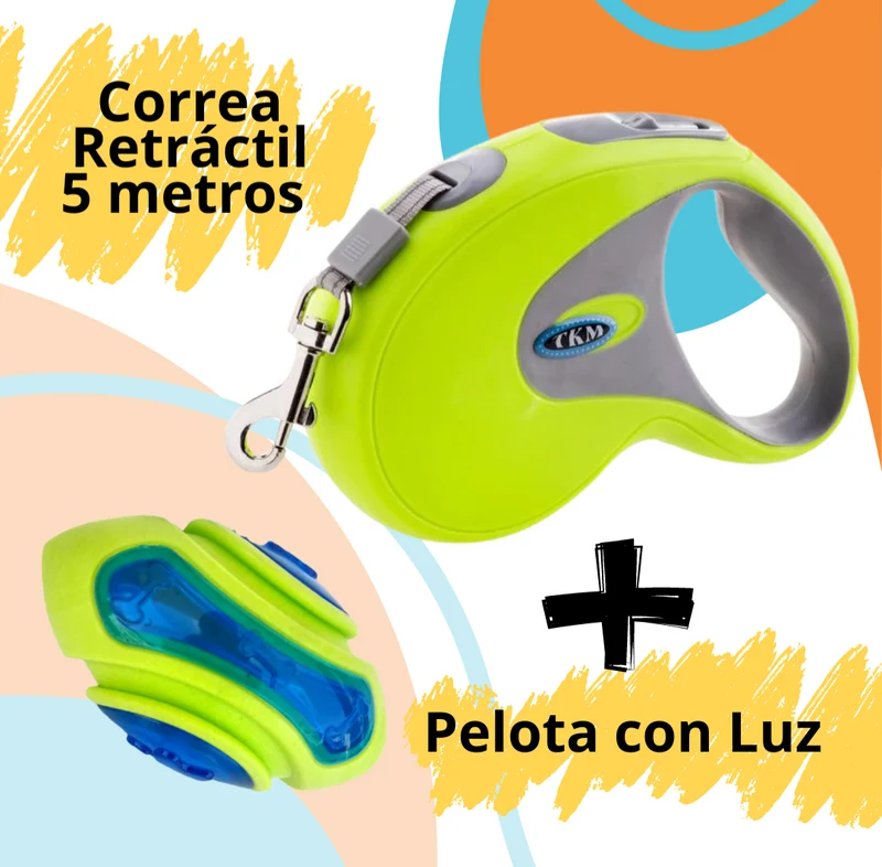 Combo Correa Retráctil ergonómica de 5 metros+ Pelota con luz led
