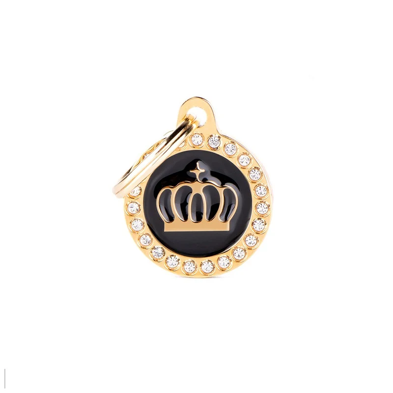Placa ID Glam Mediana Negra y Oro con Corona y Cristales para Perros | MyFamily