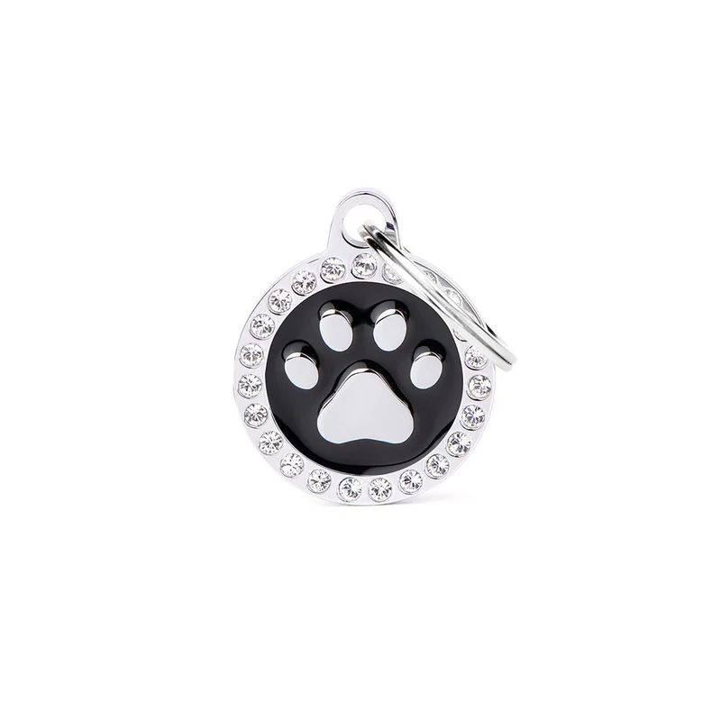 Placa ID Glam Mediana Negra con Pata y Cristales para Perros | MyFamily