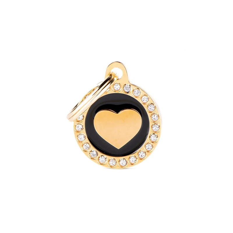 Placa ID Glam Mediana Negra y Oro con Corazón y Cristales para Perros | MyFamily
