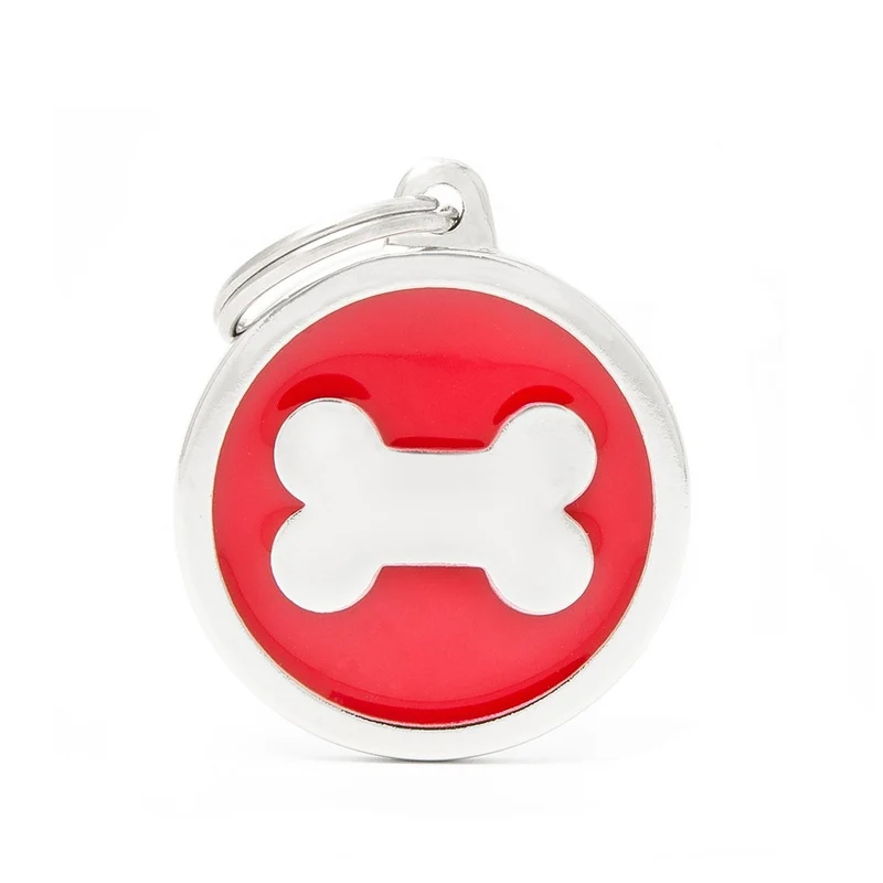 Placa ID Classic Grande Roja en Forma Redonda con Hueso para Perros