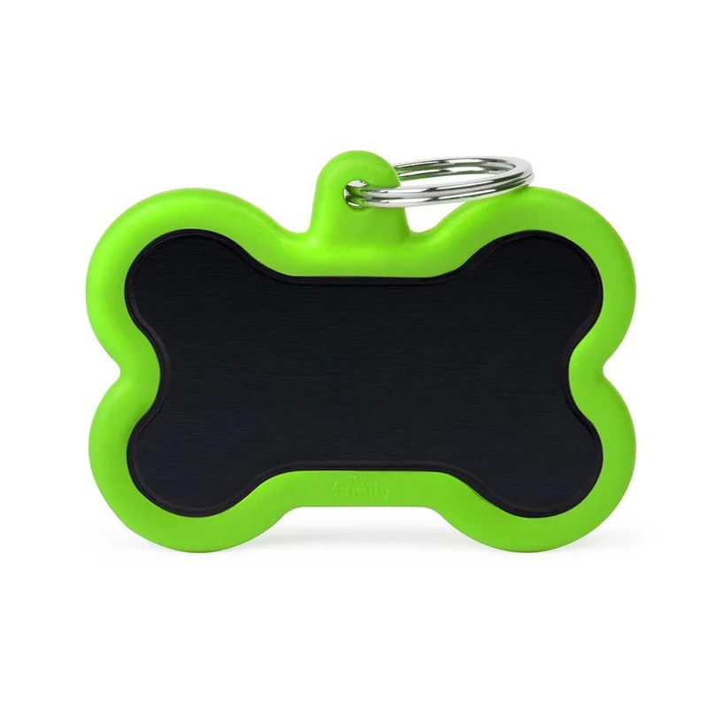Placa ID Silenciosa de Aluminio Extra Grande Verde en Forma de Hueso para Perros | MyFamily