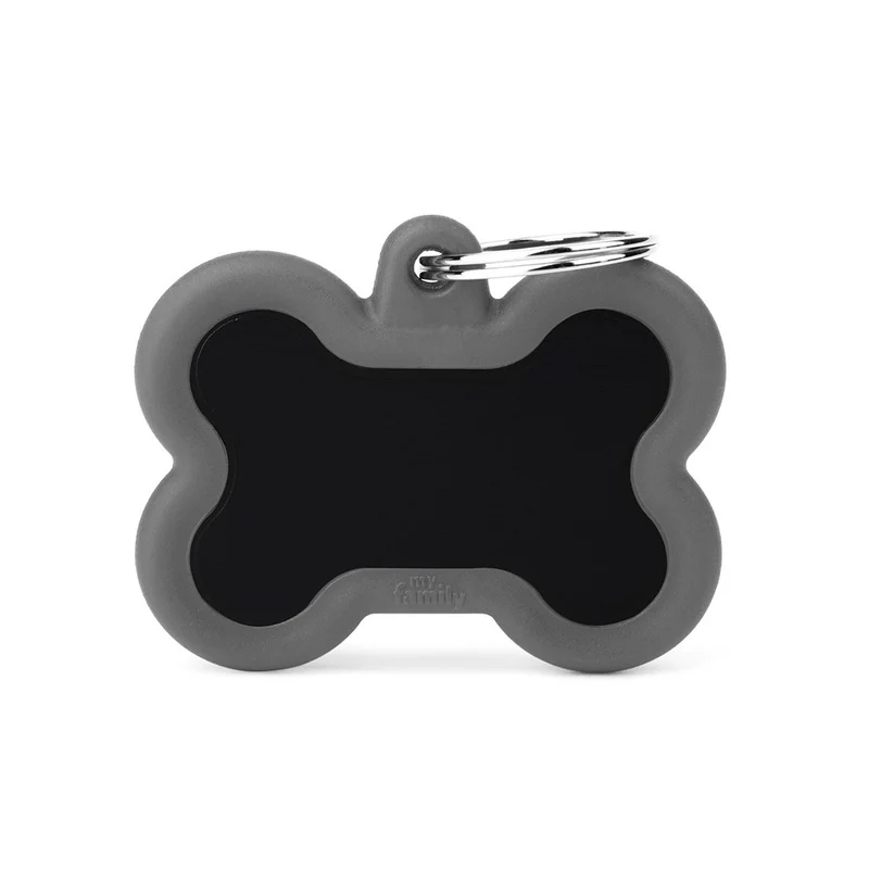 Placa ID Silenciosa de Aluminio Gris en Forma de Hueso para Perros | MyFamily