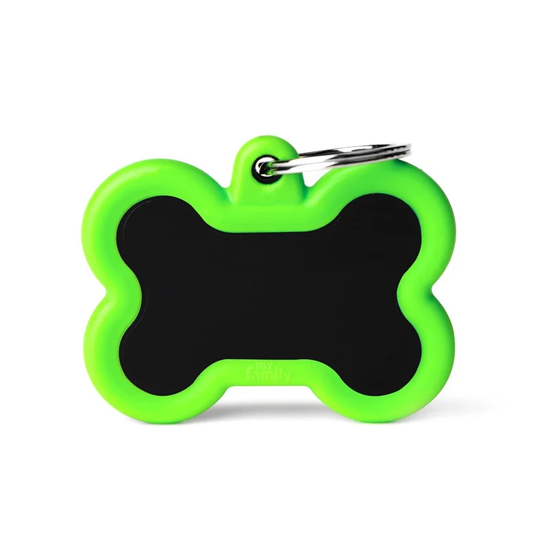 Placa ID Silenciosa de Aluminio Verde en Forma de Hueso para Perros | MyFamily