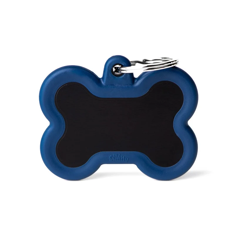 Placa ID Silenciosa de Aluminio Azul Oscuro en Forma de Hueso para Perros | MyFamily