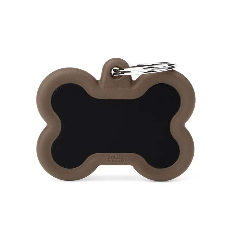 Placa ID Silenciosa de Aluminio Marrón en Forma de Hueso para Perros | MyFamily