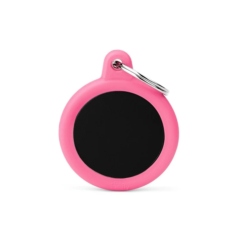 Placa ID Silenciosa de Aluminio Rosa en Forma de Círculo para Perros | MyFamily