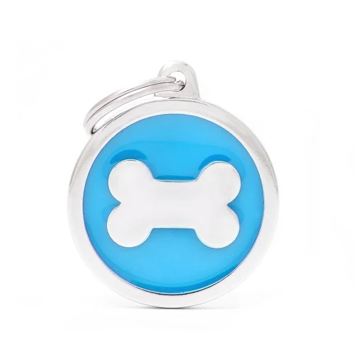 Placa ID Classic Grande Azul en Forma Redonda con Hueso para Perros