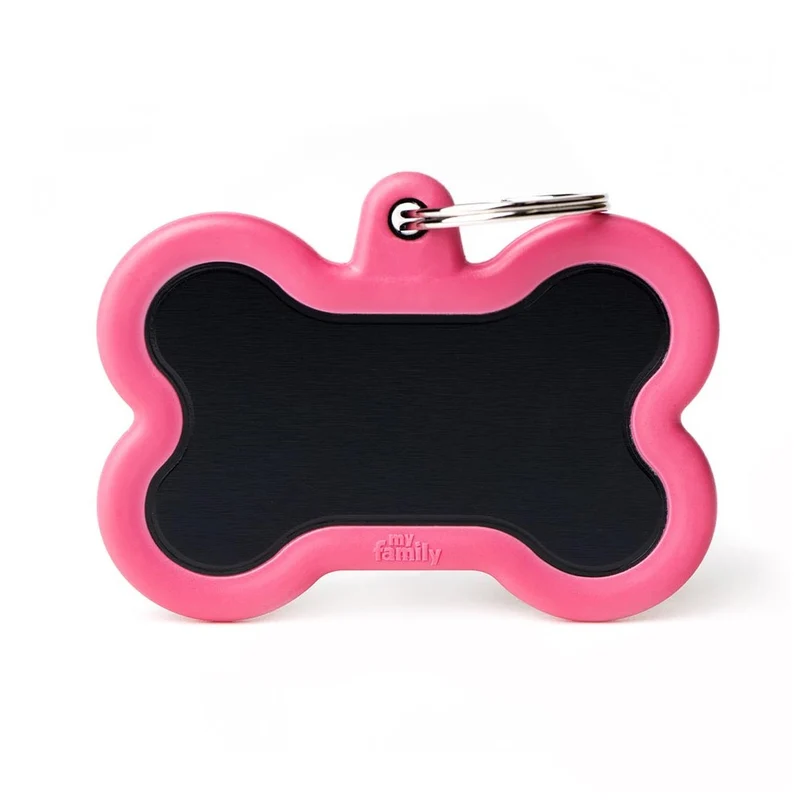 Placa ID Silenciosa de Aluminio Extra Grande Rosa en Forma de Hueso para Perros