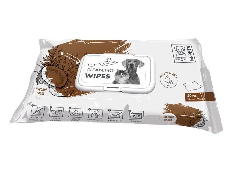 Toallitas Húmedas con Aroma a Coco para Perros y Gatos - 40 pzas (15x20 cm) | M-PETS