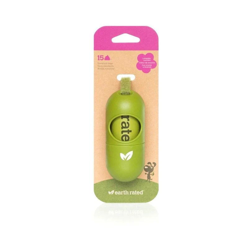 Dispensador de Bolsas p/Popo de Earth Rated® con 15 Bolsas Esencia de Lavanda