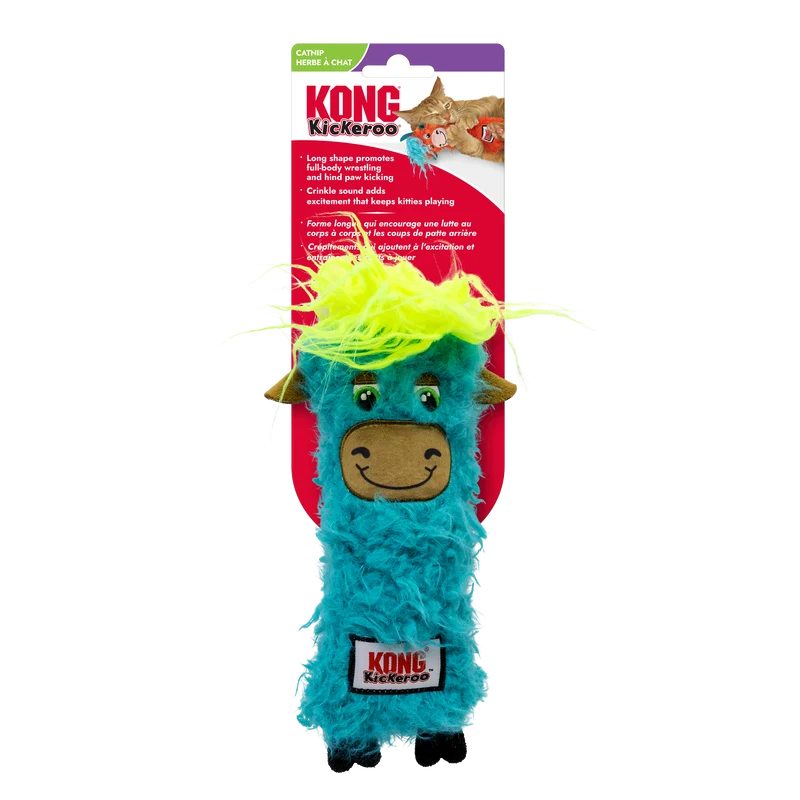 Kickeroo Highland Cow Azul con Cabello Amarillo - Juguete de Peluche con Catnip para Gatos | KONG