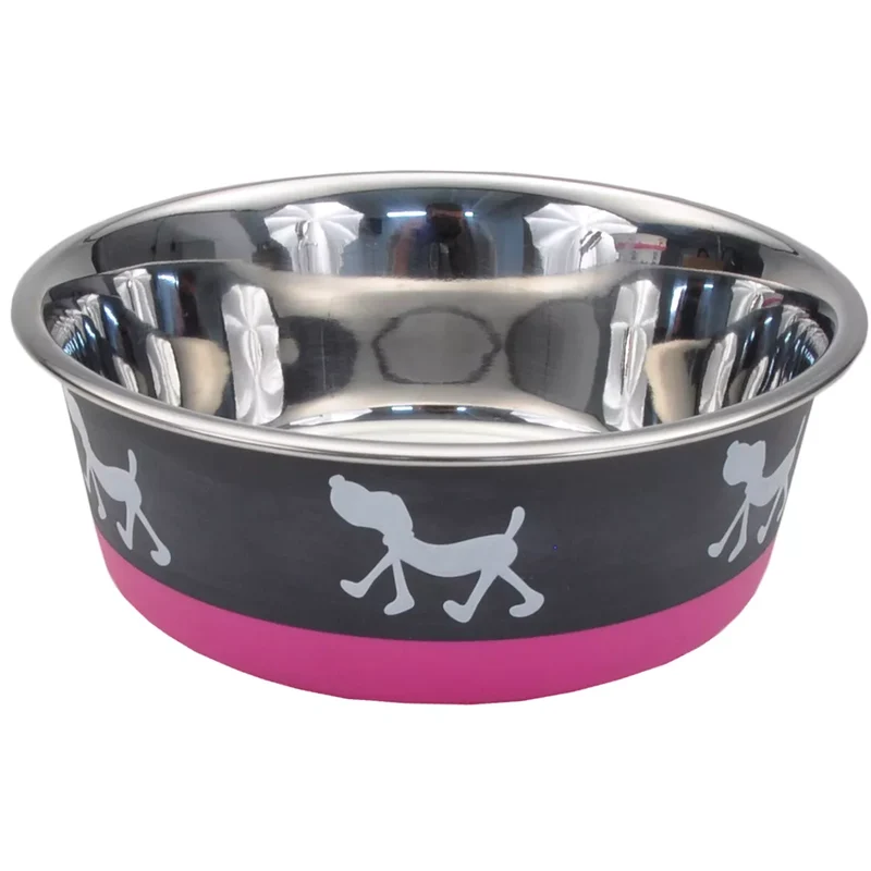 Plato Maslow Non-Skid Pup Design de Acero Inoxidable en Rosa - de Bergan