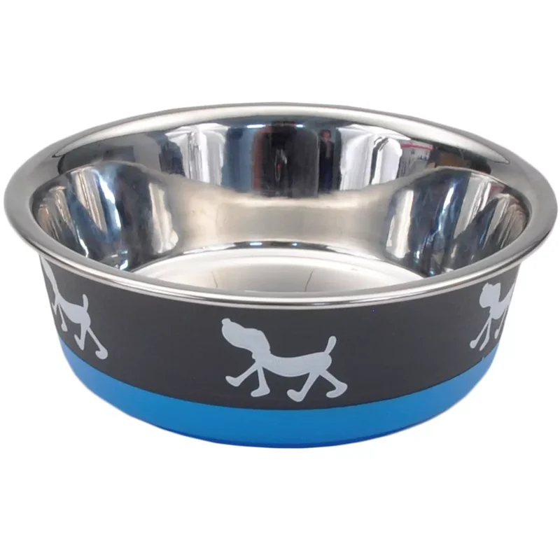 Plato Maslow Non-Skid Pup Design de Acero Inoxidable en Azul - de Bergan