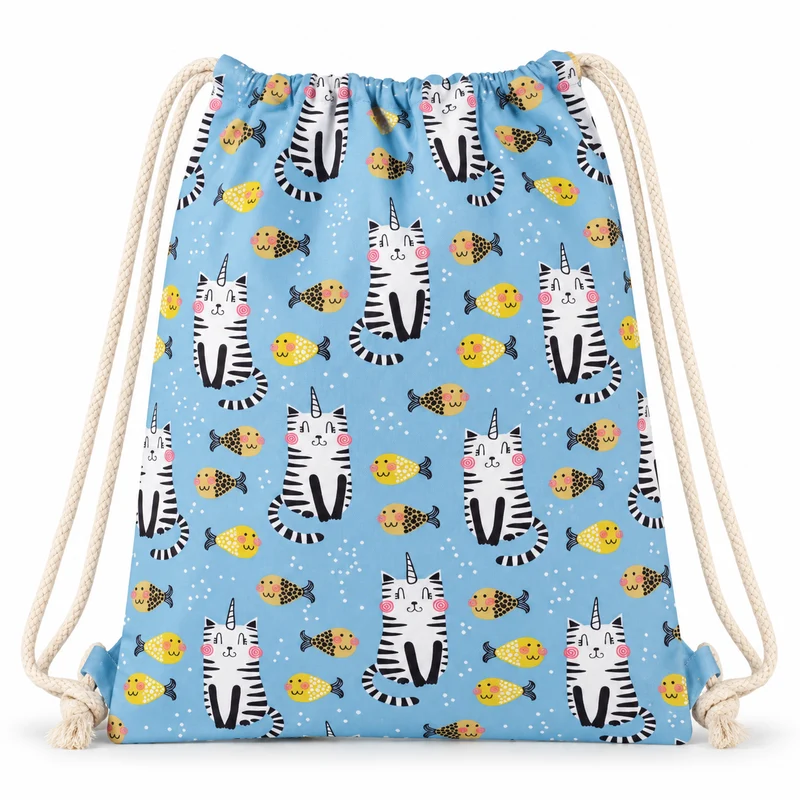 Mochila Saco con Estampado de Gatos y Peces Azul