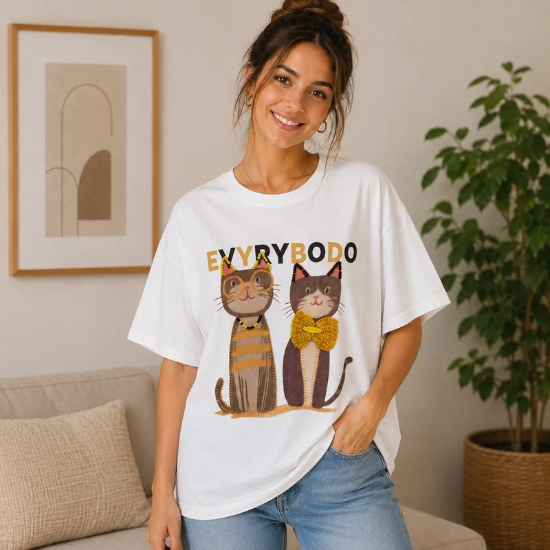 Camiseta blanca oversize con gatos y detalles de abalorios