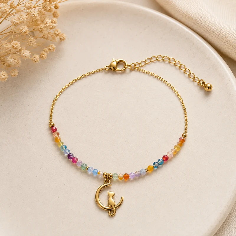 Pulsera Acero Inoxidable Luna y Gato con Cuentas de colores