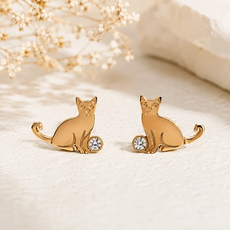 Pendientes Gato Dorados con circonita