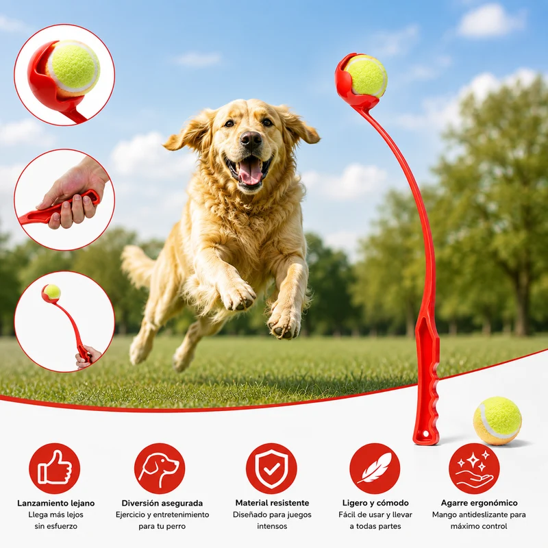 Lanzador de Pelotas para Perros con Pelota- Rojo. 50 cm