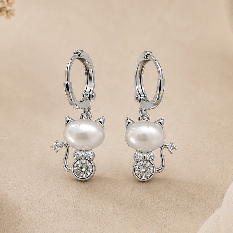 Pendientes Gatito Perla Plateados