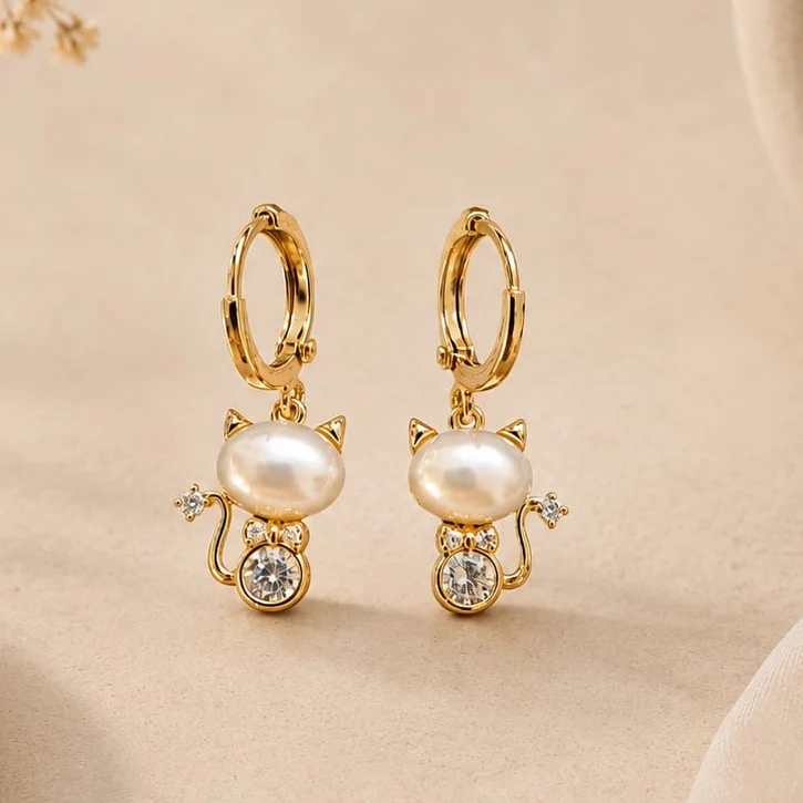 Pendientes Gatito Perla Dorados