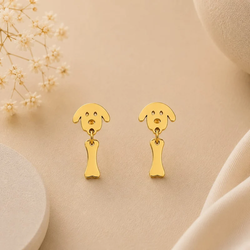 Pendientes Acero Inoxidabel Perrito y Hueso Dorado