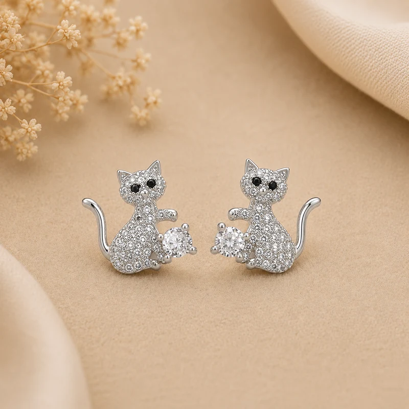 Pendientes Gatito Brillo Plateados