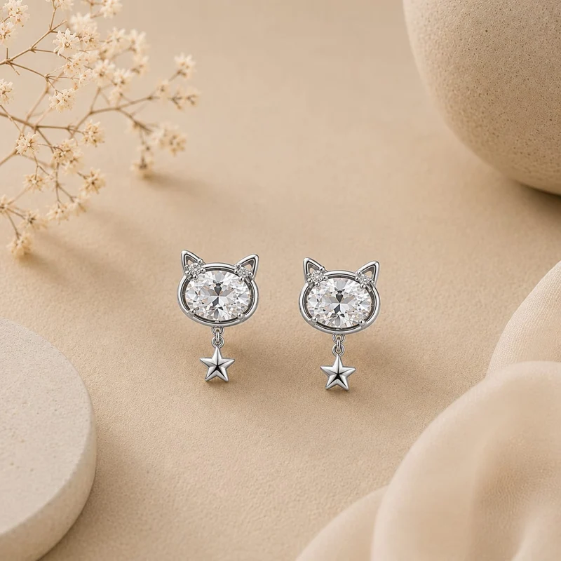 Pendientes Gatito Estrella Plateados