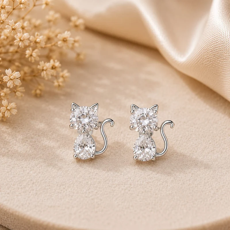 Pendientes Gatito Brillante Plateados