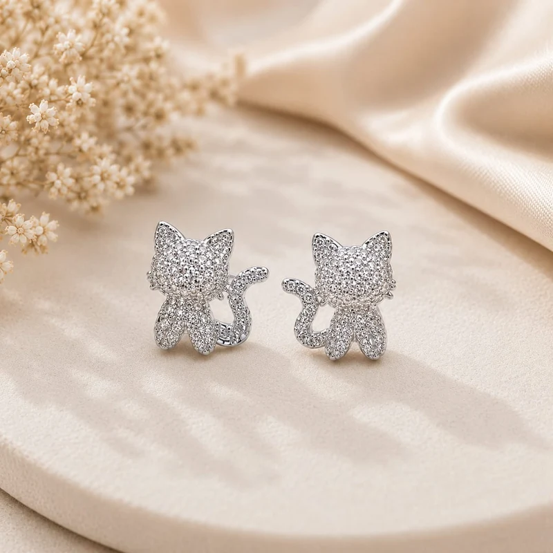 Pendientes Gatito Brillante Plateado