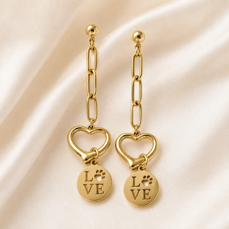 Pendientes de Acero Inoxidable Dorados Corazón LOVE con Huella